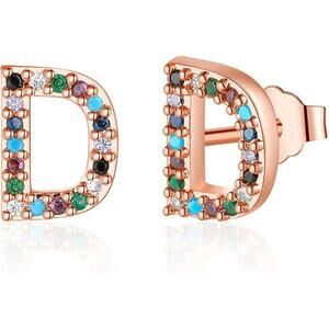Letter D Initial Earrings Women Rainbow CZ Rose Gold Plated Hypoallergenic Studs